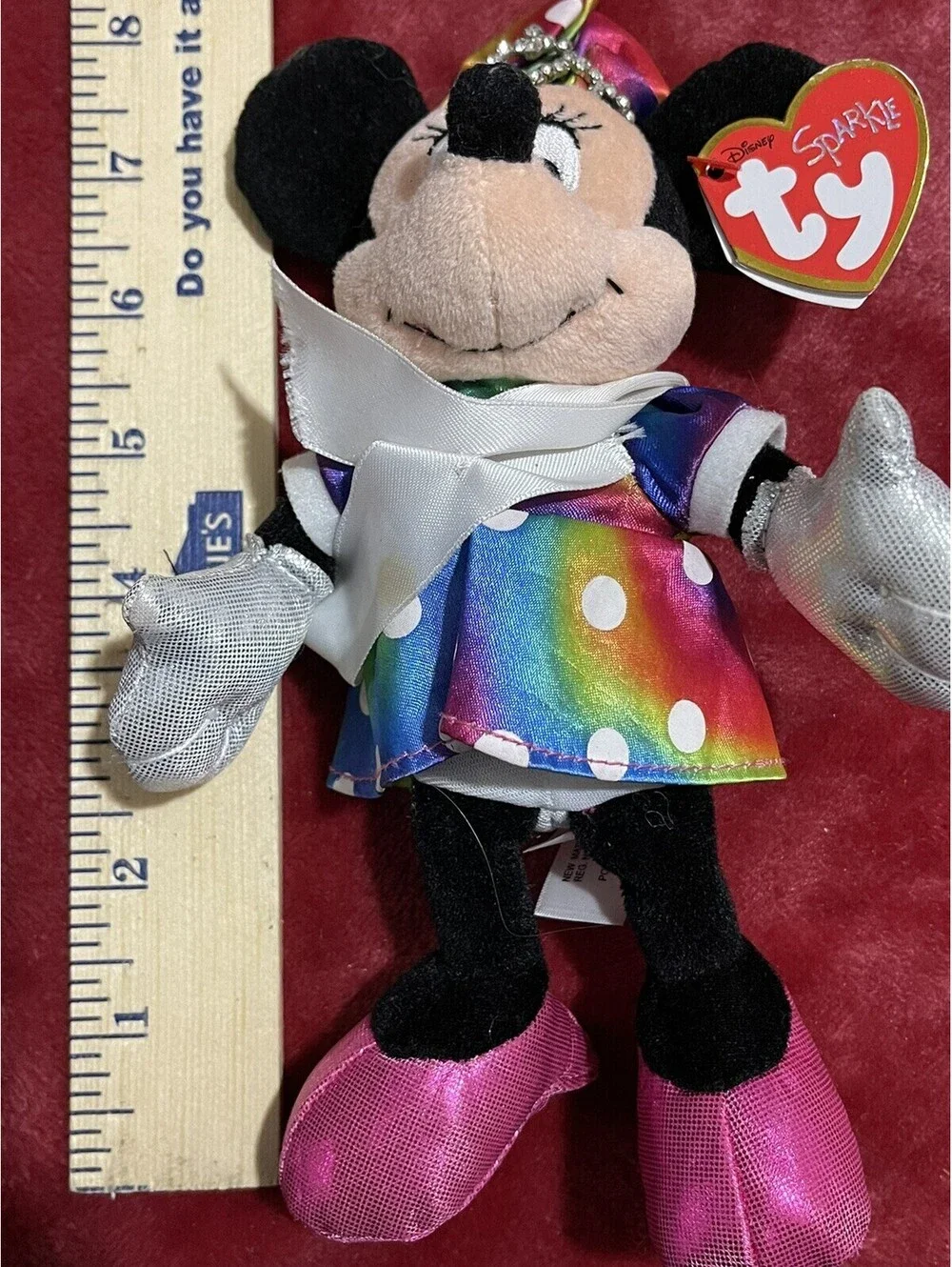 TY Beanie Babies Sparkle Minnie Mouse Disney Plush Rainbow Polka Dot Dress Tags